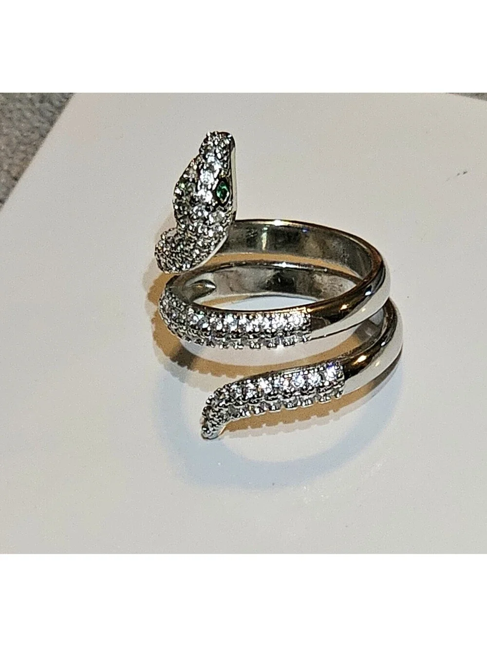 Adjustable Snake Ring Rhodium Plated Pave CZ Green Eyes Serpent Wrap Design